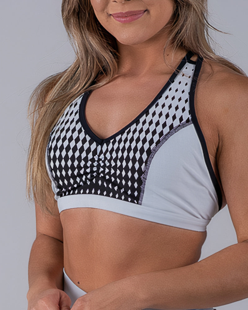 Geo Print Ruched Cut Out Backless Sports Bra