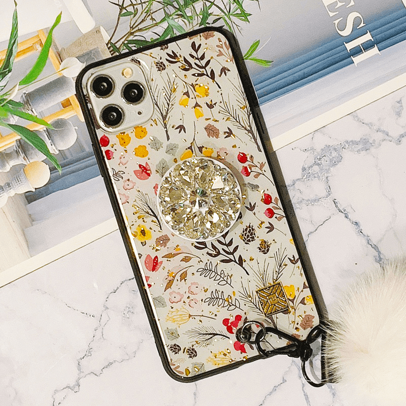 Beauty Floral&Leaf Pattern Design iPhone Case with Pom-pom and Phone Holder