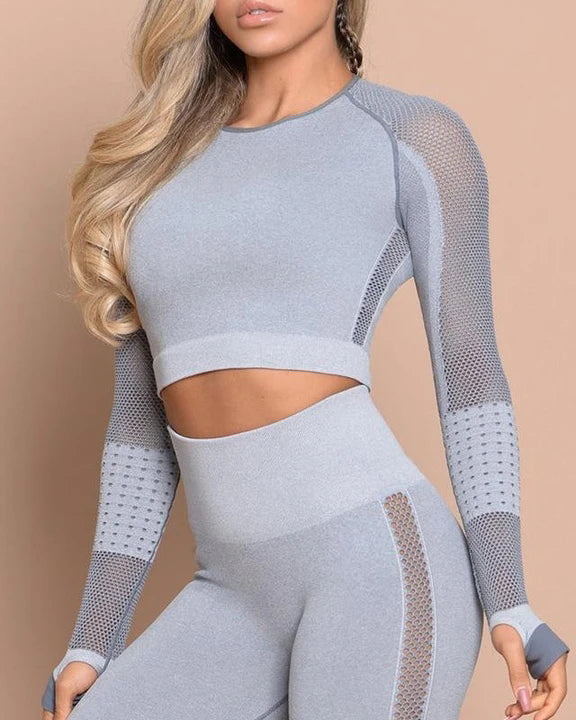 Contrast Fishnet Crop Sports Top with Thumb Holes