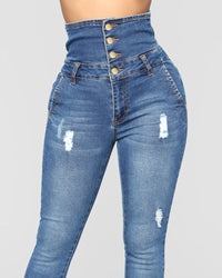 Single-breasted High Waist Elastic Skinny Jeans