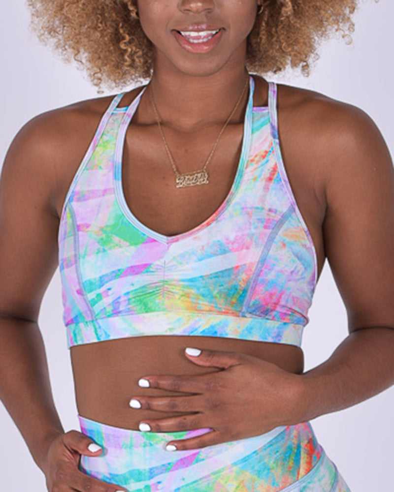 Allover Print Strappy Back Crop Sports Top