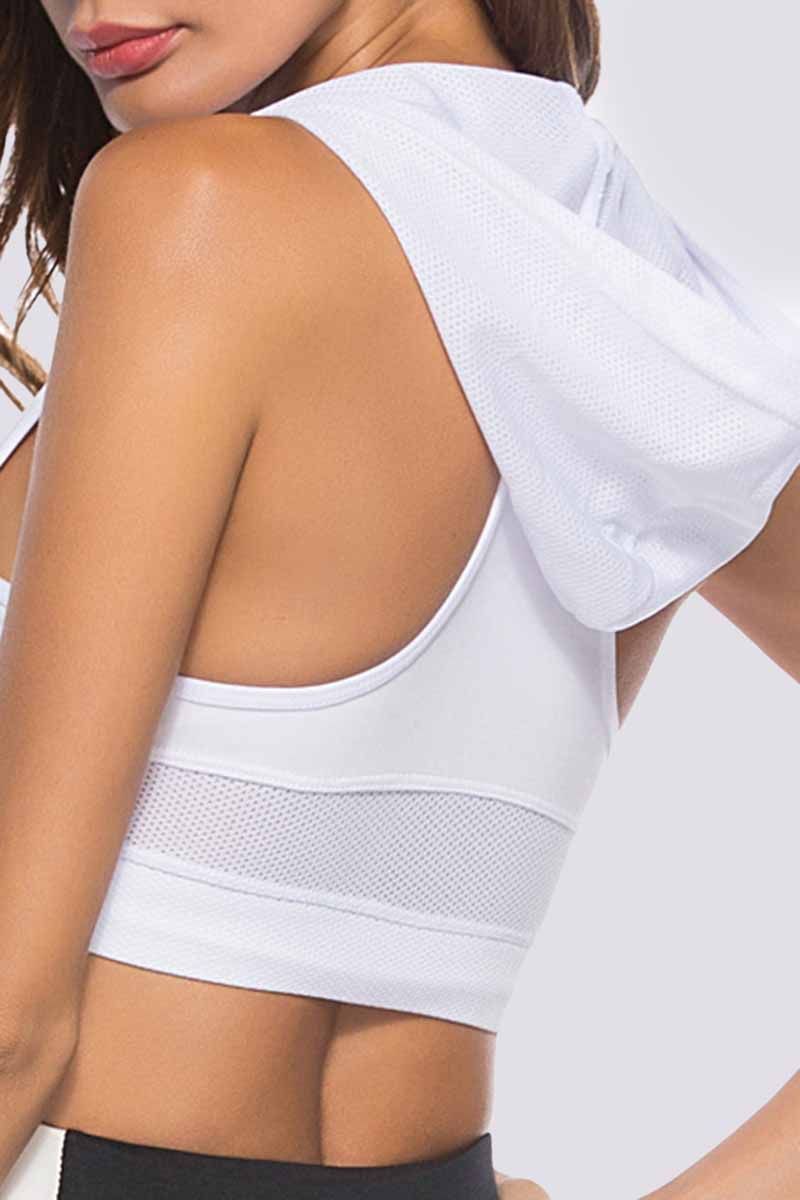 Solid Hooded Contrast Mesh Sports Bra