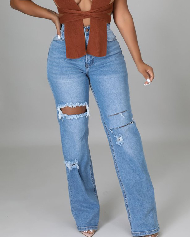 Distressed Zip Fly Button Front High Waist Jeans