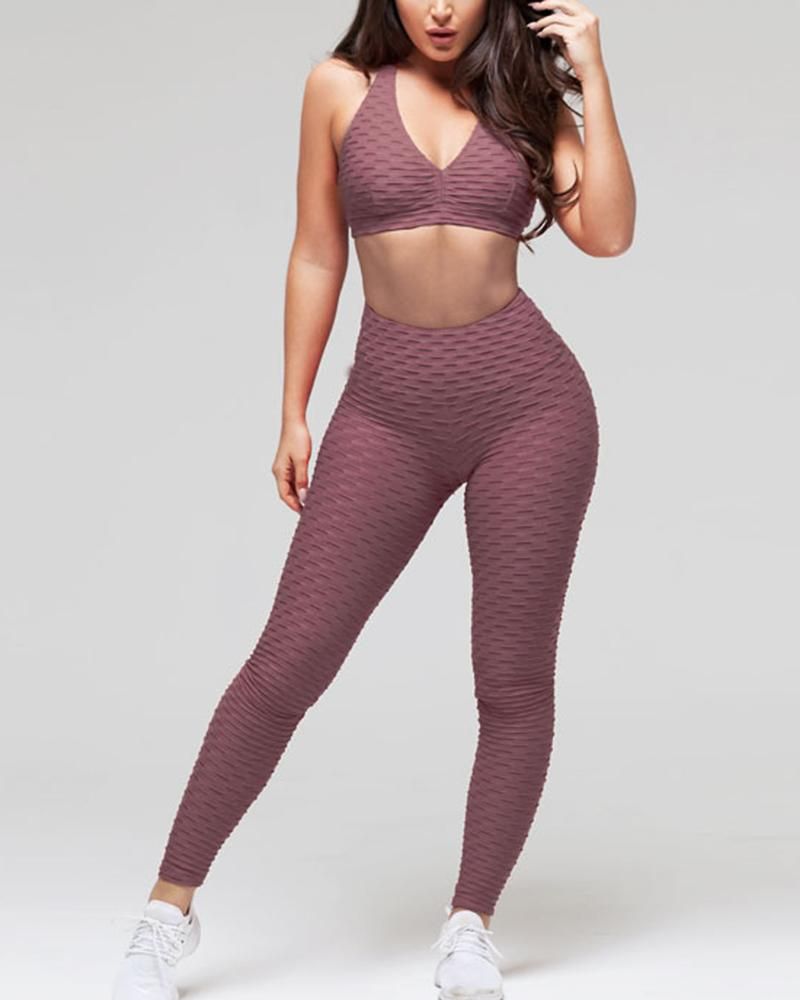 Textured Cut Out Back Sports Tank Top & Leggings Set