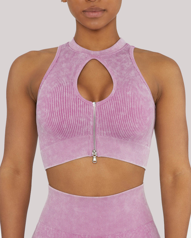 Cut Out Zip Detail Ribbed Sports Tank Top