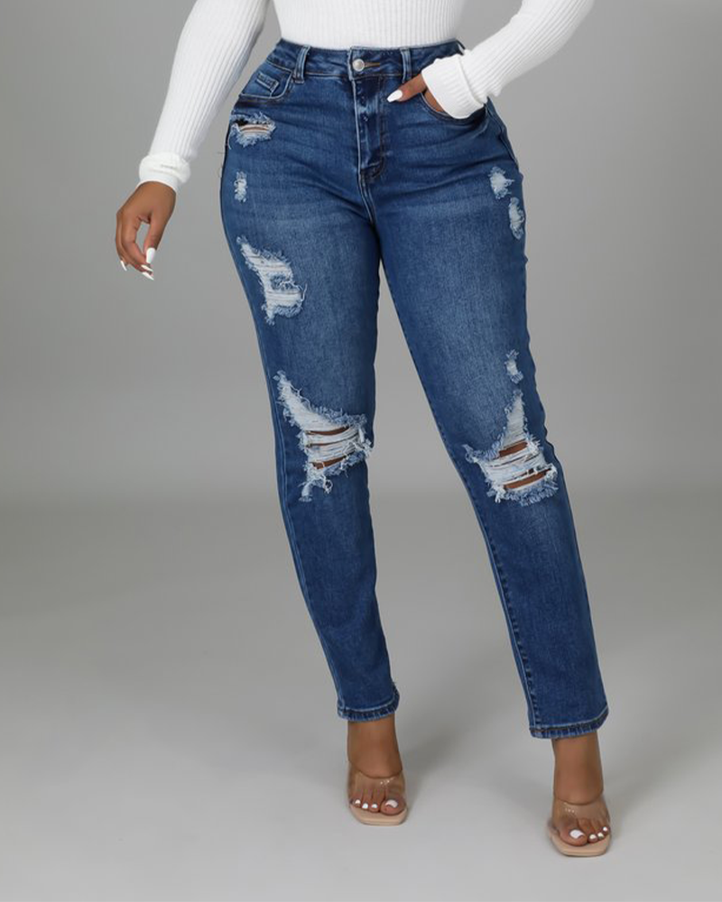 Ripped Zip Fly Button Front High Waist Skinny Jeans