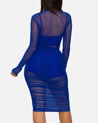 Sexy Mesh Sheer Ruched Lined Camisole & Shorts Bodycon Dress