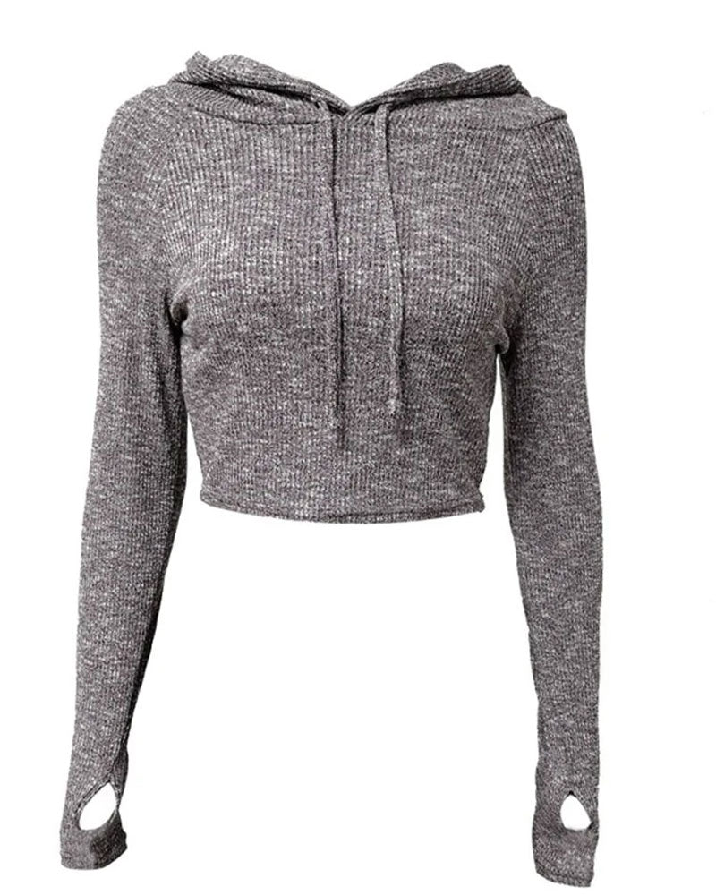 Hooded Crop Sweatershirt with Thumb Holes
