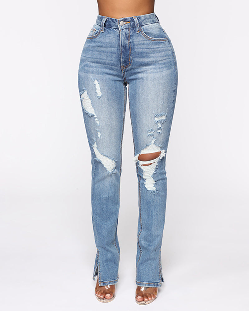 Distressed Detail Split Hem Zip Fly Jeans