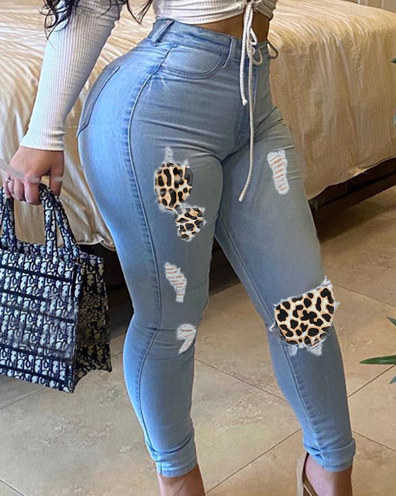 Plus Leopard Pattern Patched Ripped Jeans