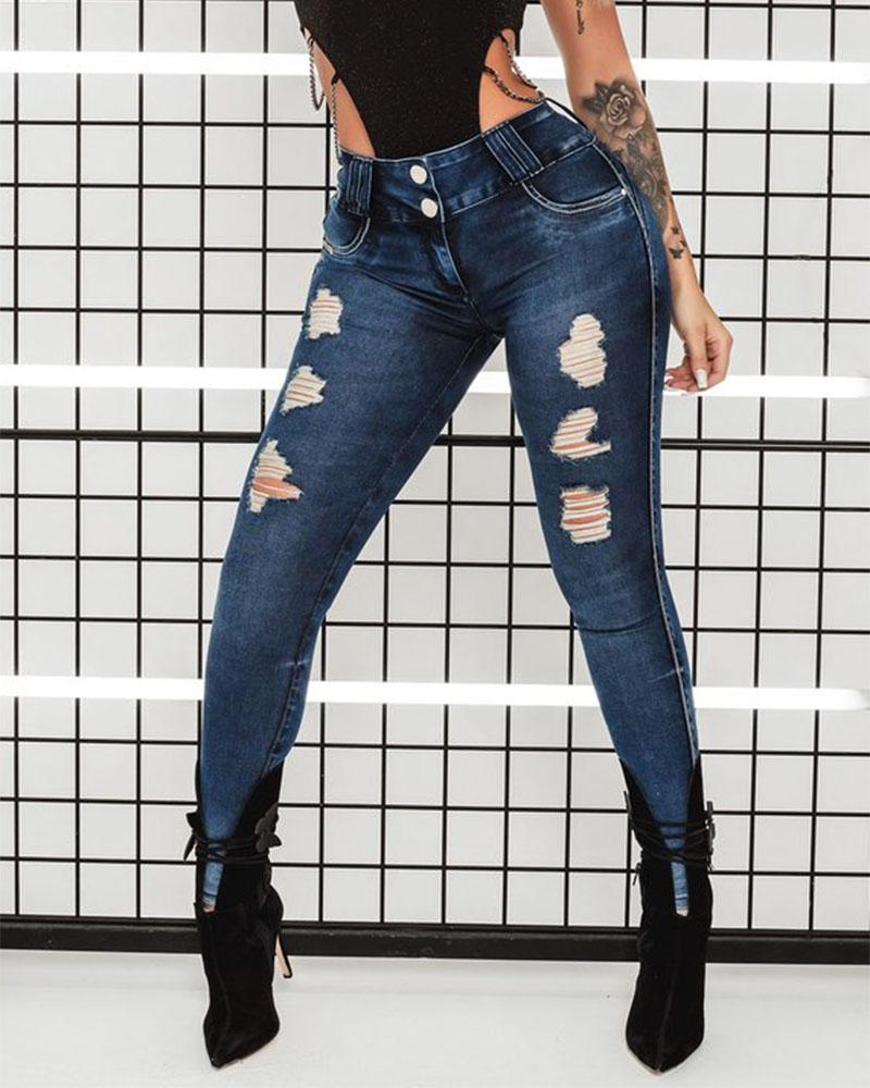 Button Front Distressed High Waist Skinny Jeans