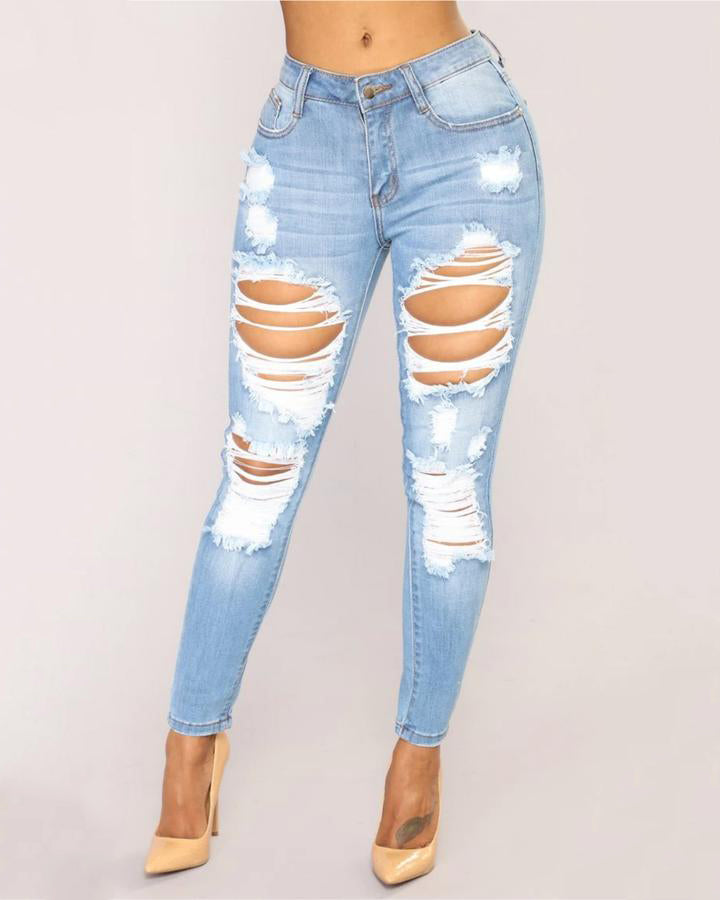 Mid Waist Elastic Extreme Ripped Jeans