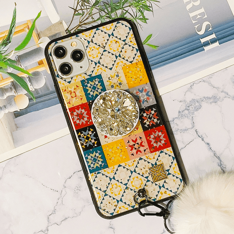 Chic Retro Floral Pattern Design iPhone Case with Phone Holder and Pom-pom