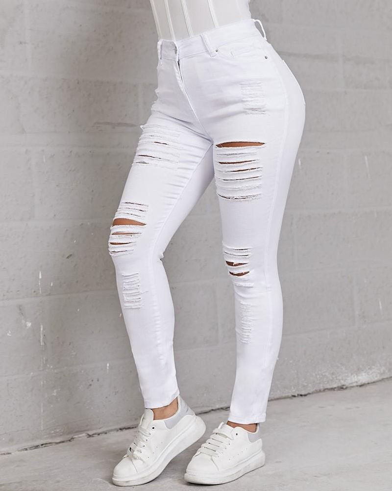 Hollow Out Distressed Skinny Jeans