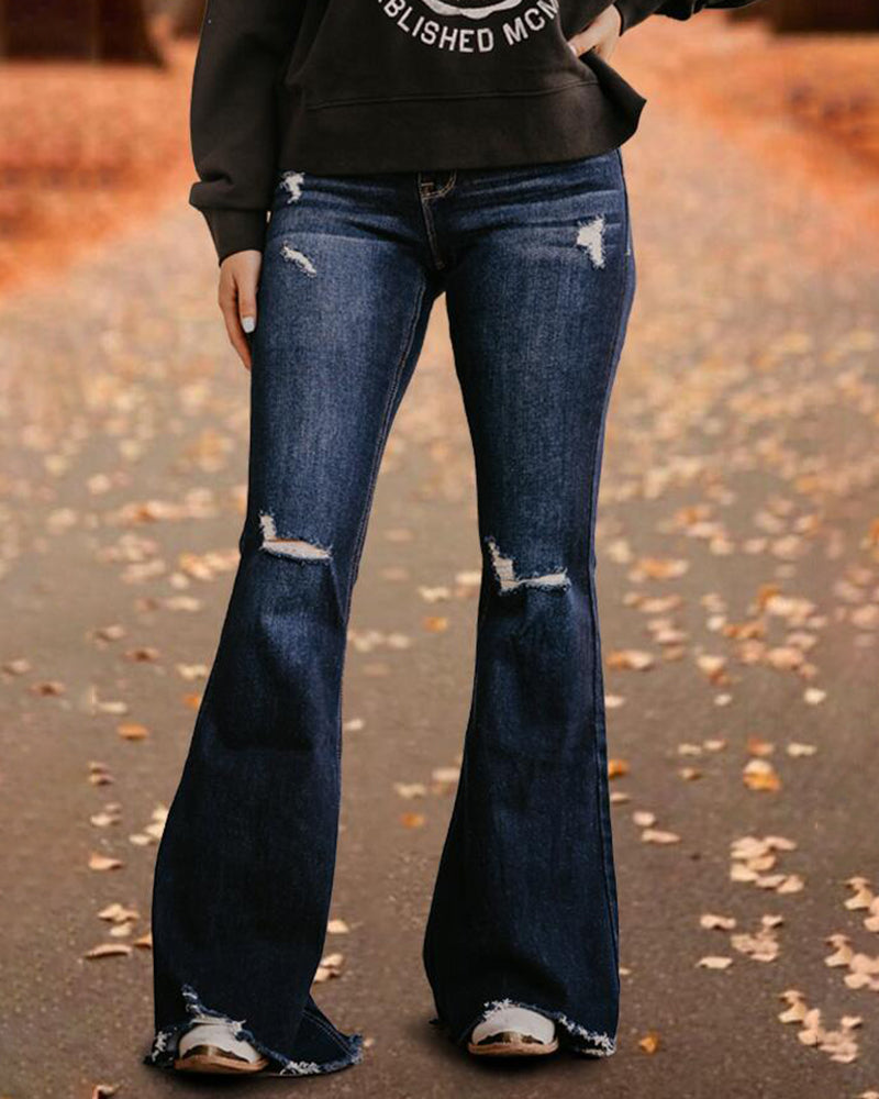 Raw Hem Ripped High Rise Flare Jeans