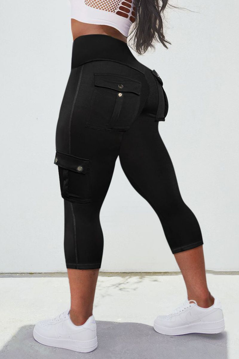 Solid Flap Pocket High Waist Capri Sports Leggings