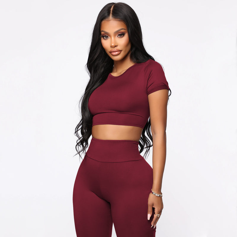 Round Neck Lace-Up Back High Waist Cropped Top & Short Set