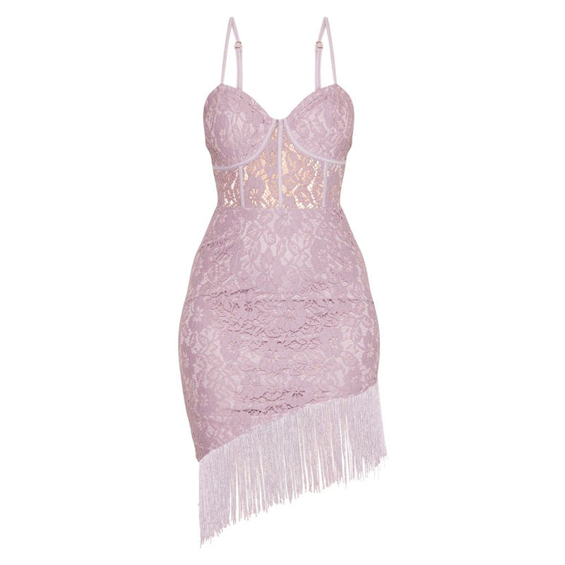 Strappy Lace Detail Sheer Panel Tassel Hem Bodycon Dress