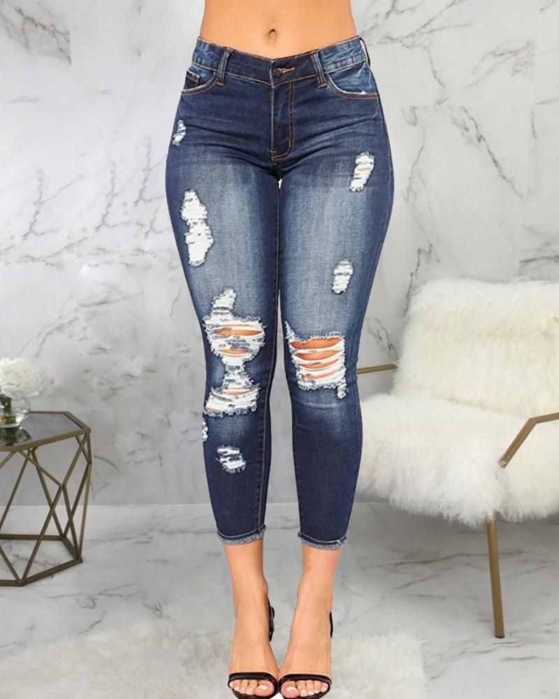 Distressed Mid Waist Cropped Jeans