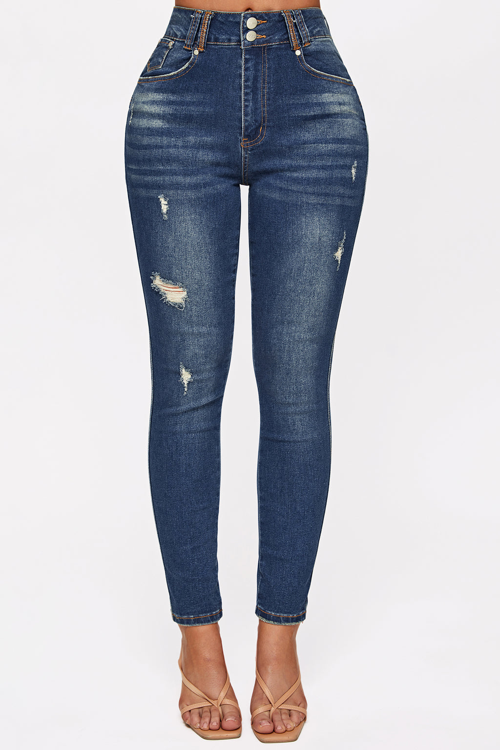 Ripped Button Fly Pocket Detail Skinny Jeans