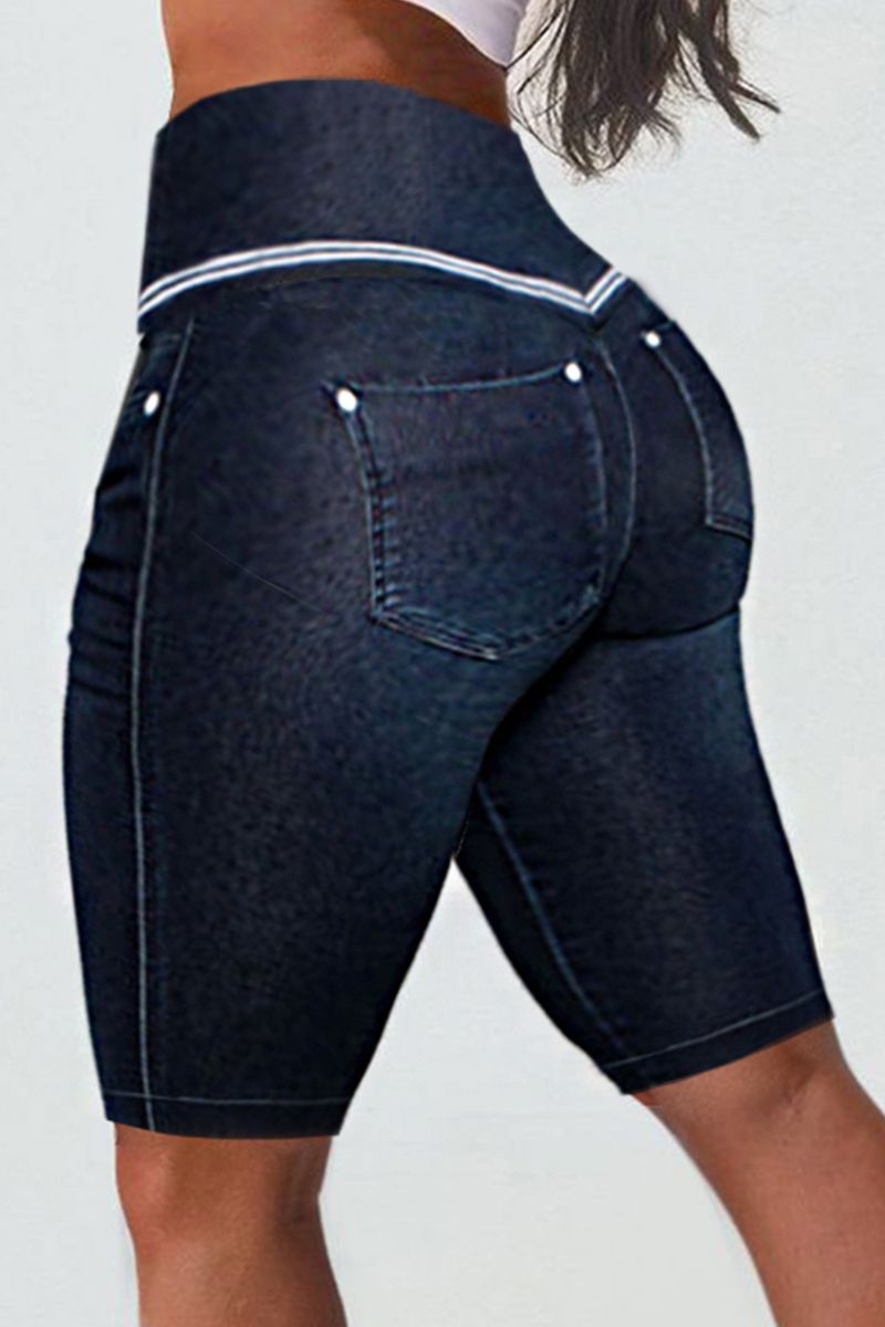 Denim Look Pocket Detail High Waist Sports Shorts