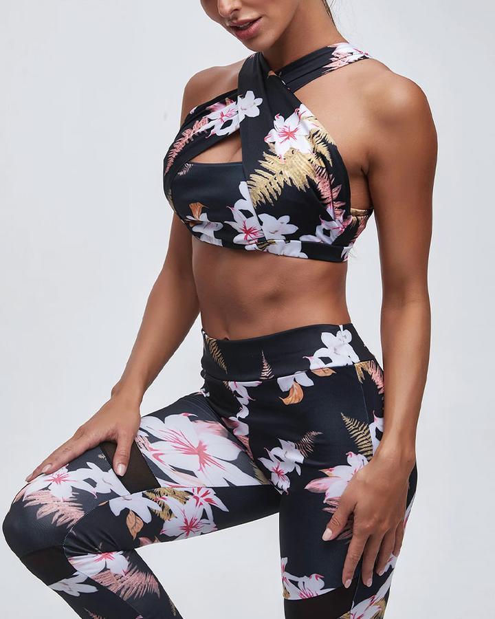 Leisure Breathable Floral Printed Cami Top & Sports Pants Set