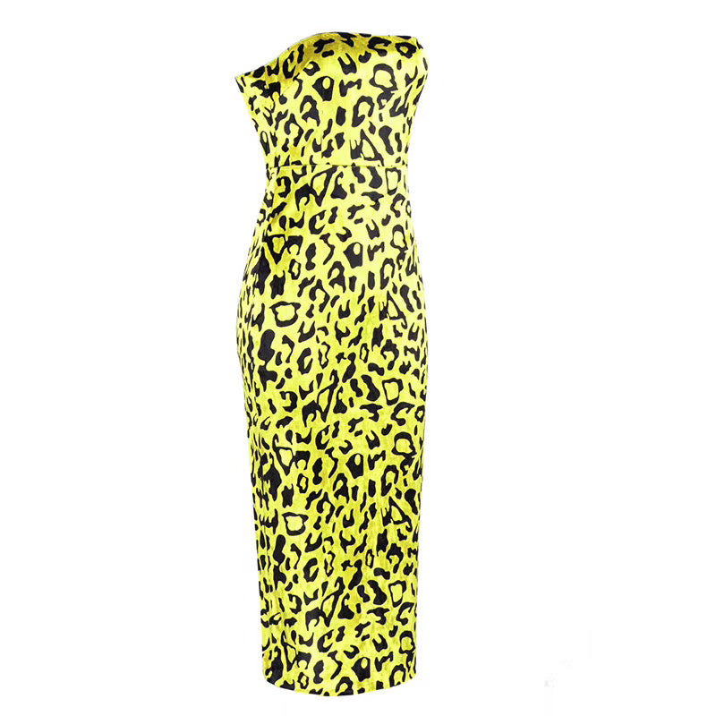Leopard Print Bardot Back Zipper Midi Dress