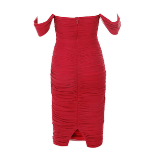 Elegant Red Bardot Drape Ruched Bodycon Midi Dress