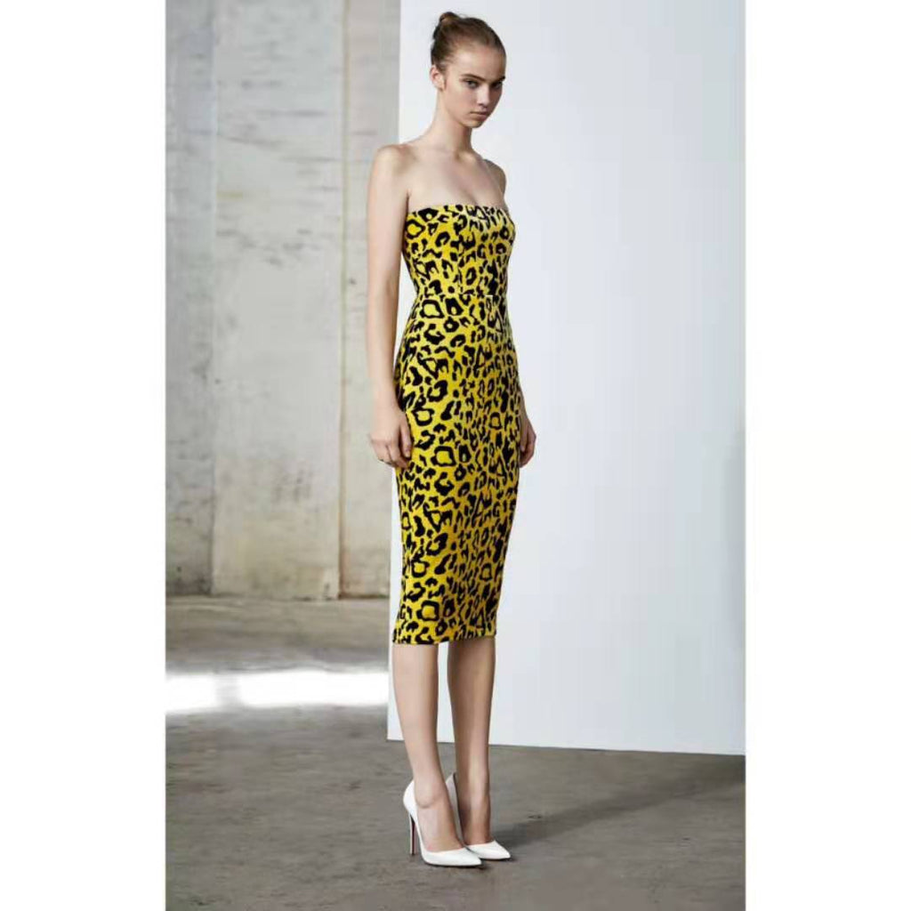 Leopard Print Bardot Back Zipper Midi Dress