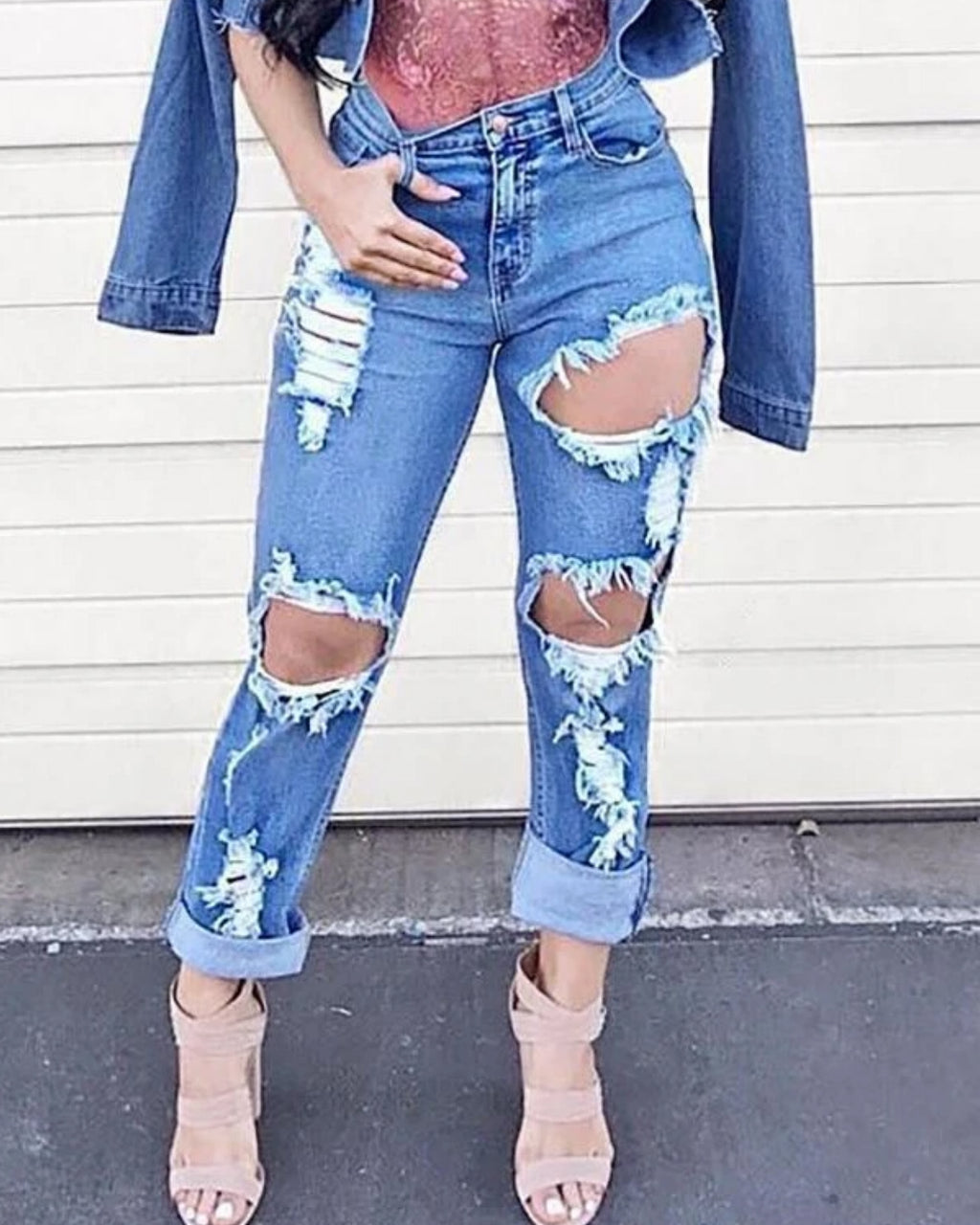 Distressed Rolled Hem Jeans