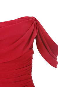 Elegant Red Bardot Drape Ruched Bodycon Midi Dress
