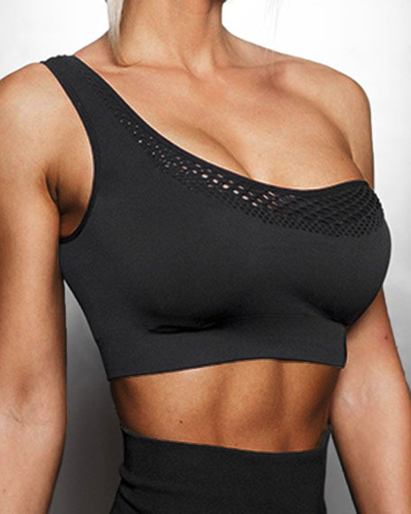 Solid Hollow Out One Shoulder Sports Bra