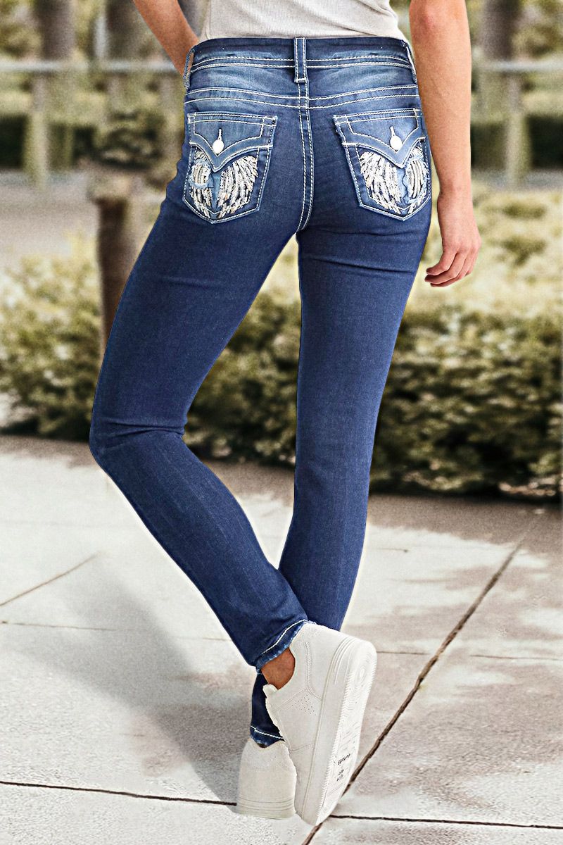 Washed Embroidery Pocket Detail Mid Rise Skinny Jeans