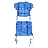 Tie Dye Ruched Drawstring Side Cropped Top & Skirt Set
