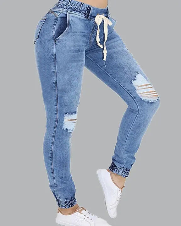 Ripped Drawstring Flap Pocket Side Jogger Jeans