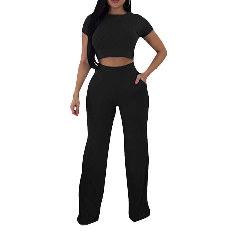 Round Neck Short Sleeve Wide Leg Cropped Top & Pants Set