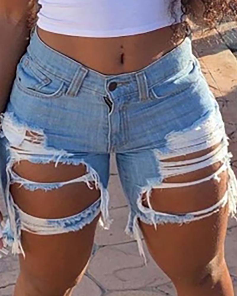 Ripped Hollow Out Denim Shorts