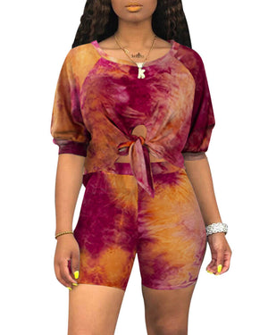 Tie Dye Tie Front High Waist Cropped Top & Shorts Set