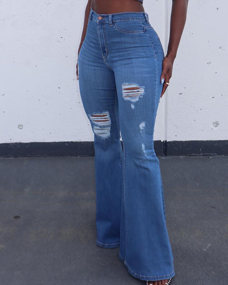 Ripped Distressed Mid Waist Flare Jeans