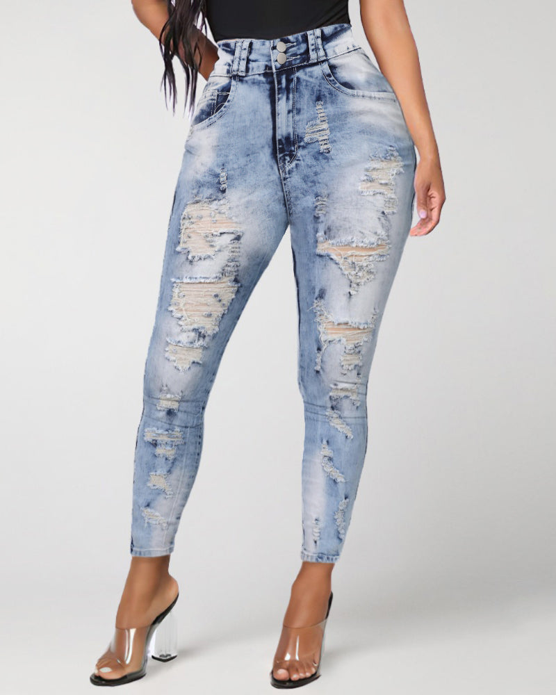 Distressed Zip Fly Single Button Skinny Jeans